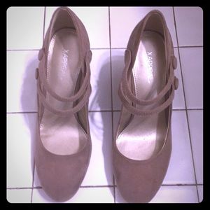 nude suede closed toed heels